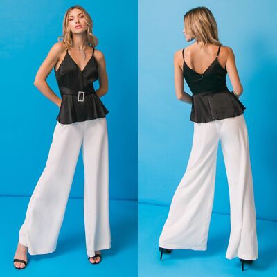 NEW FLYING TOMATO Black & White SATIN Peplum COCKTAIL Party WIDE LEG JUMPSUIT