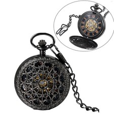Mens Luxury Pocket Watch Mechanical Black Retro Steampunk Skeleton with Chain