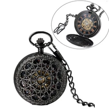 Mens Luxury Pocket Watch Mechanical Black Retro Steampunk Skeleton with Chain