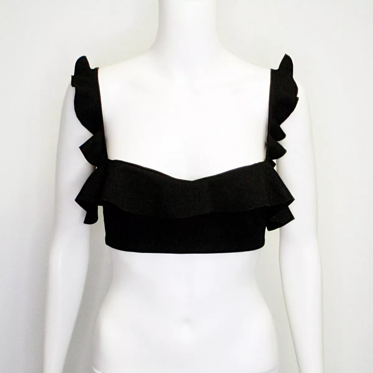 Zara Frilled Ruffle Bralette Crop Top Black Tie Back size Small