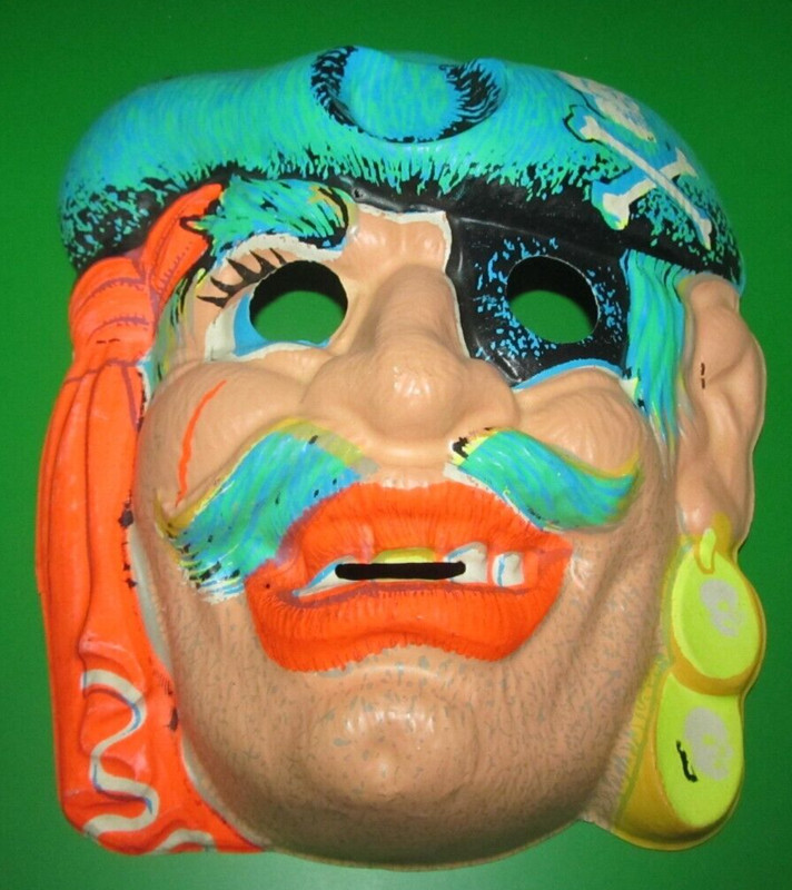 EARLY VINTAGE HALLOWEEN MASK CARTOON PIRATE GLOWS IN THE DARK THIN PLASTIC