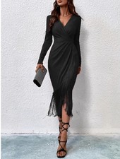 Black Midi Dress Surplice Fringed Hem Size M Cocktail Party Vamp Witchy Elvira