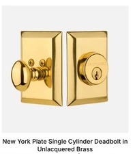 Nostalgic Warehouse New York Plate Single Cylinder Deadbolt Lock Polished Brass