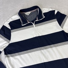 Ben Sherman 1/4 Zip Long Sleeve Cotton Pullover Men L Navy Stripes