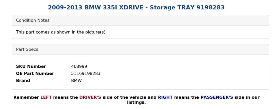 2009-2013 BMW 335I XDRIVE - Bandeja de armazenamento 9198283 - Imagem 4 de 4