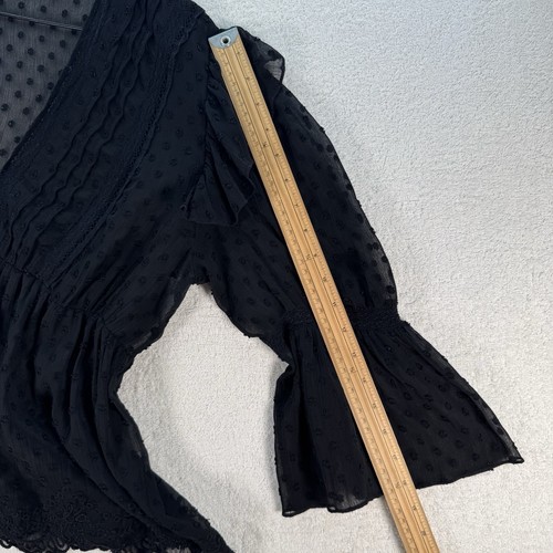 Zara Blouse Size Medium Black Ruffled Top V Neck Long Bell Sleeves Scalloped Hem - Picture 7 of 11