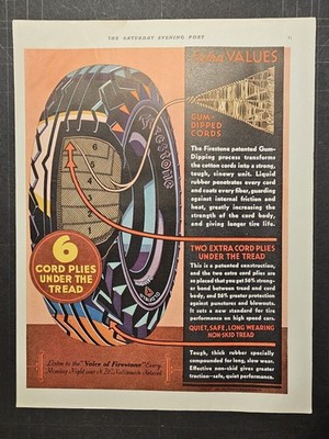 1932 magazine ad for Firestone tires, 6 cord plies under the tread
