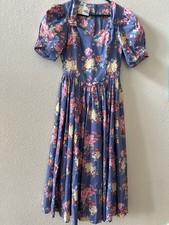 Laura Ashley Vintage Dress 10 1980s floral 100% cotton periwinkle Tea Length LN