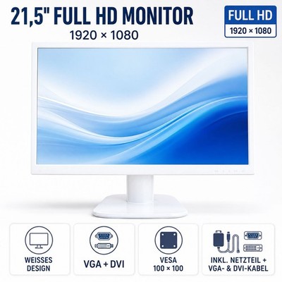 21,5'' Full HD LED Monitor Weiß VGA DVI VESA PC Office Display Neuware