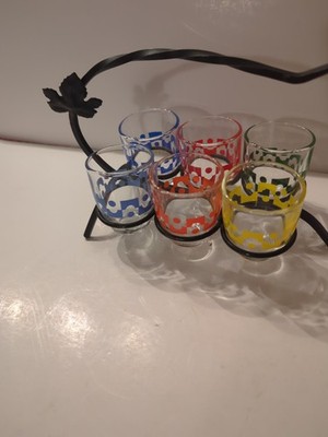Set Of 6 Vintage Fidenza Vetraria Shot Glasses Italy In Serving Rack