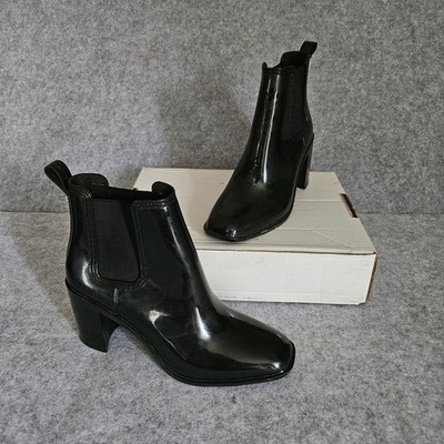 Jeffrey Campbell Black Glossy Square Toe Block Heel Rain Boots Chelsea Style 9