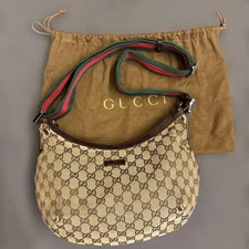 Gucci Sherry Line GG Pattern Shoulder Bag Crescent Shape Beige fastener Canvas