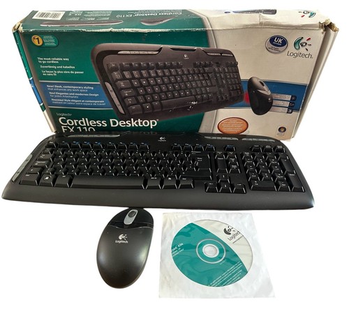 Logitech EX 110 Cordless Desktop Wireless Keyboard Mouse CD Rom Box Parts