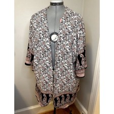 BNLK Made in USA Kimono Wrap, Beige/Rose Floral Print, Plus Size 1x, EUC!