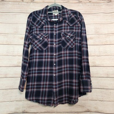 Ely Cattleman Men's Shirt Size M Pearl Snap Button Purple Blue Plaid Western