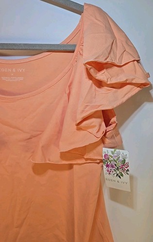 Eden Ivy Womens Plus Ruffle Sleeve Top Stretch Knit Bodysuit Peach Coral Pink 1X - Picture 3 of 6