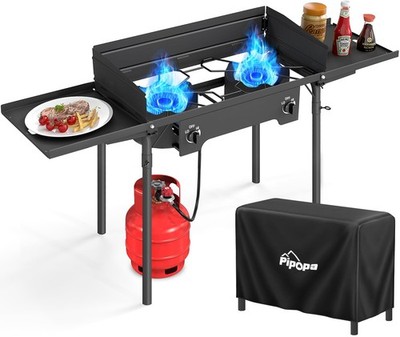 2 Burner Propane Camp Stove 150000 BTU Gas Waterproof Cover LY-DB 001 Burners