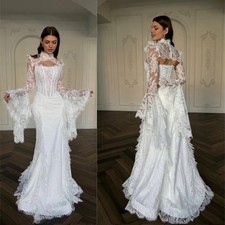 Elegant Lace Mermaid Wedding Dresses High Neck Long Sleeve Backless Bridal Gowns