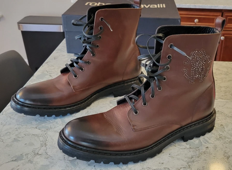 Novas Botas Masculinas Roberto Cavalli Couro Marrom com Cadarço Combate Itália Tamanho 44.5 - Imagem 2 de 4