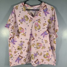 Natural Uniforms Natural Prints Scrub Top Sz L Pink w/ Girls  Flowers Pockets