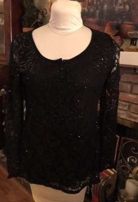 Stunning Evening Attire Black Monoreno Women Long Sleeve Shirt Small Sequin NWT