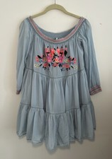 Free People Womens Tiered Mini Dress Size S Blue Embroidered Floral Lined