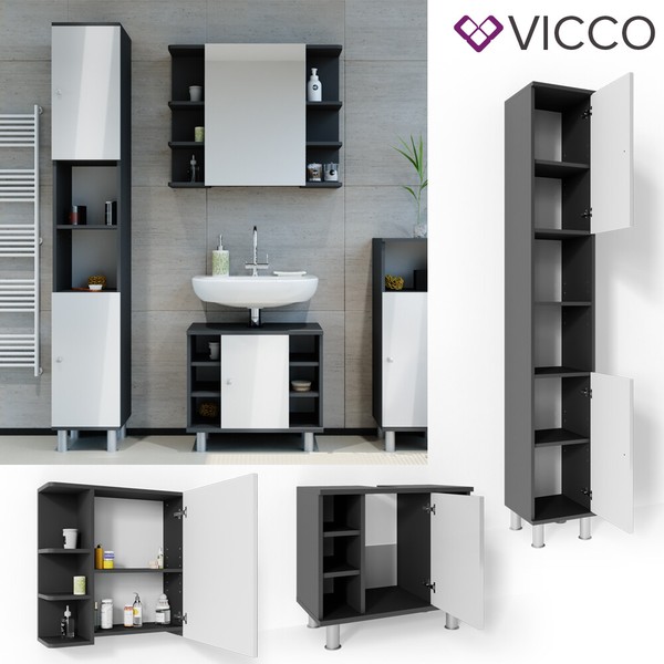 BadmöBel Set Bad Spiegel Waschtisch Hochschrank Fynn Anthrazit Weiß Vicco-image
