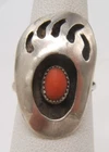 VTG NAVAJO STERLING SILVER RING BEAR CLAW WITH CORAL SIZE 6