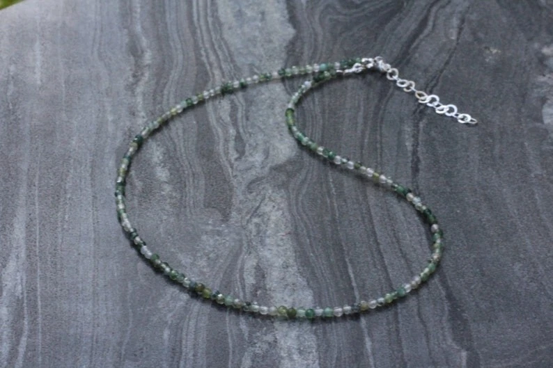 Collares hechos a mano de 18"" con delicadas cuentas redondas facetadas de ágata musgo a++ de 2-3 mm Foto 2 de 4
