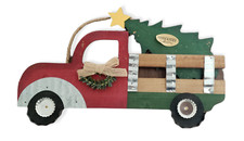 Wood/Metal Red Pickup Truck Christmas Tree Hanging Wall/Door Decor Sign 7" Tall