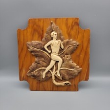 Vintage Hand Carved Wooden Plaque Running Man Athlete Sprinter Maple Leaf 8.5x9"