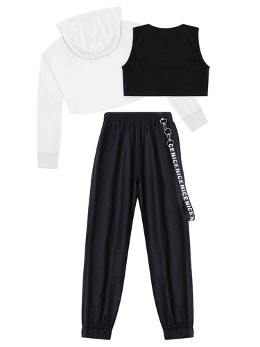 Girls 3Pcs Hip-hop Street Dance Outfits Hoodie Crop Top Cargo Pants Jazz Costume - Picture 19 of 38