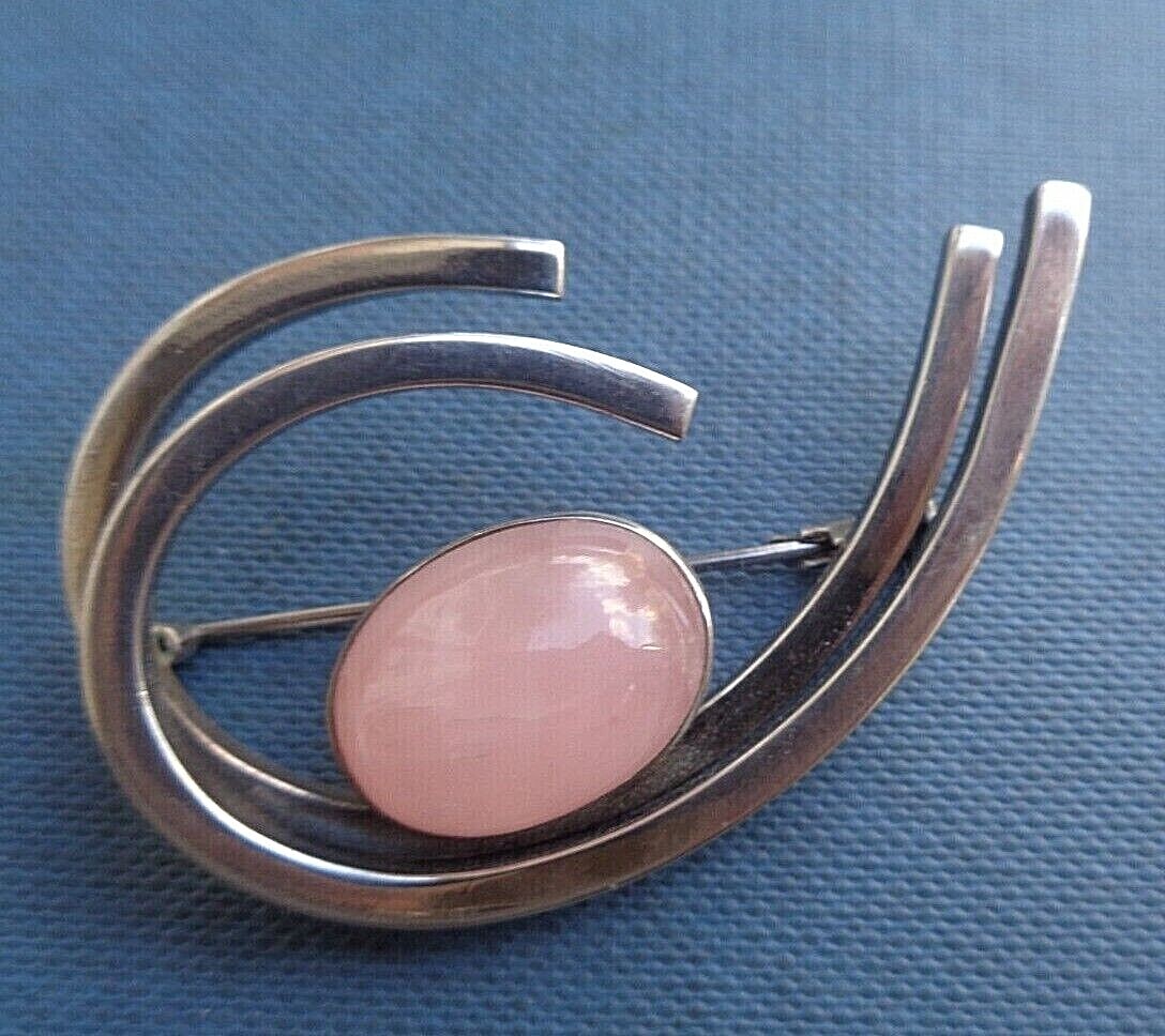 Vintage Finnish Silver Modernist Rose Quartz Brooch h/m 1960 Erik Granit Finland thumbnail 2
