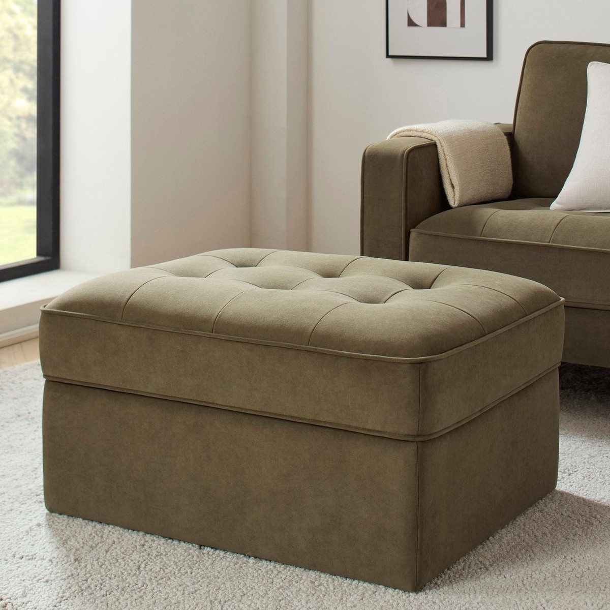 Dusk Sloane Olive Matte Velvet Ottoman Storage Pouffe RRP £199