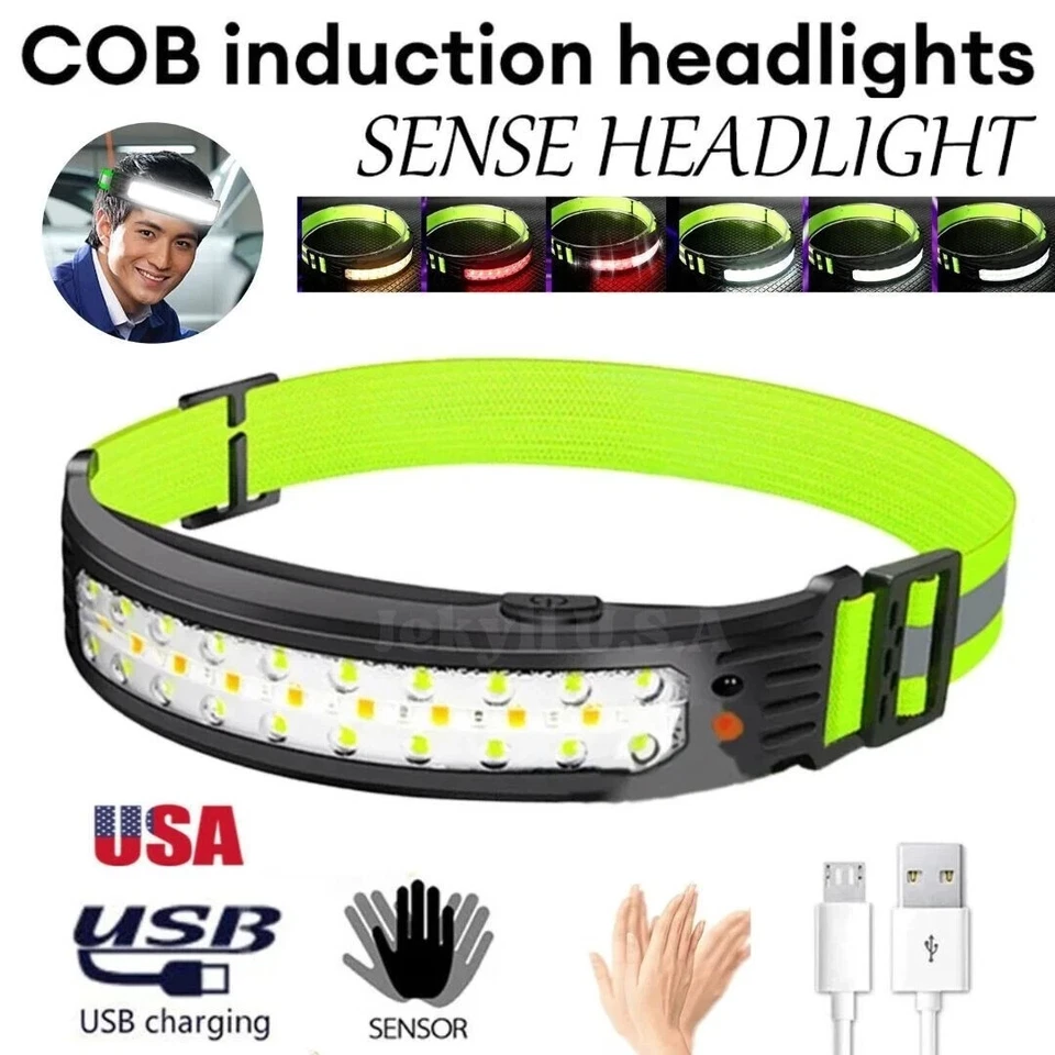 Headlamp Rechargeable COB LED 1200mAh USB-C Sensor Light for Camping Fishing. - Imagen 2 de 4