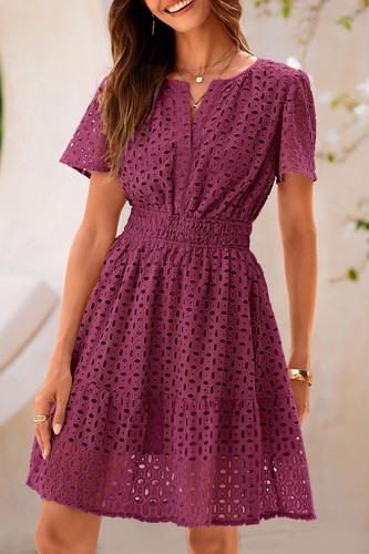 PRETTYGARDEN Womens 2025 Summer Short Dress V Neck Short Sleeve A Line Hollow... - Picture 7 of 9