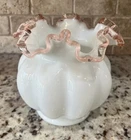 Vintage Milk Glass Fenton Ruffled Crimped Pink Edge Vase