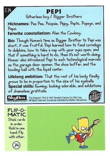 1994 SKYBOX THE SIMPSONS PEPI #S34 BONGO TRADING CARD - Picture 2 of 5