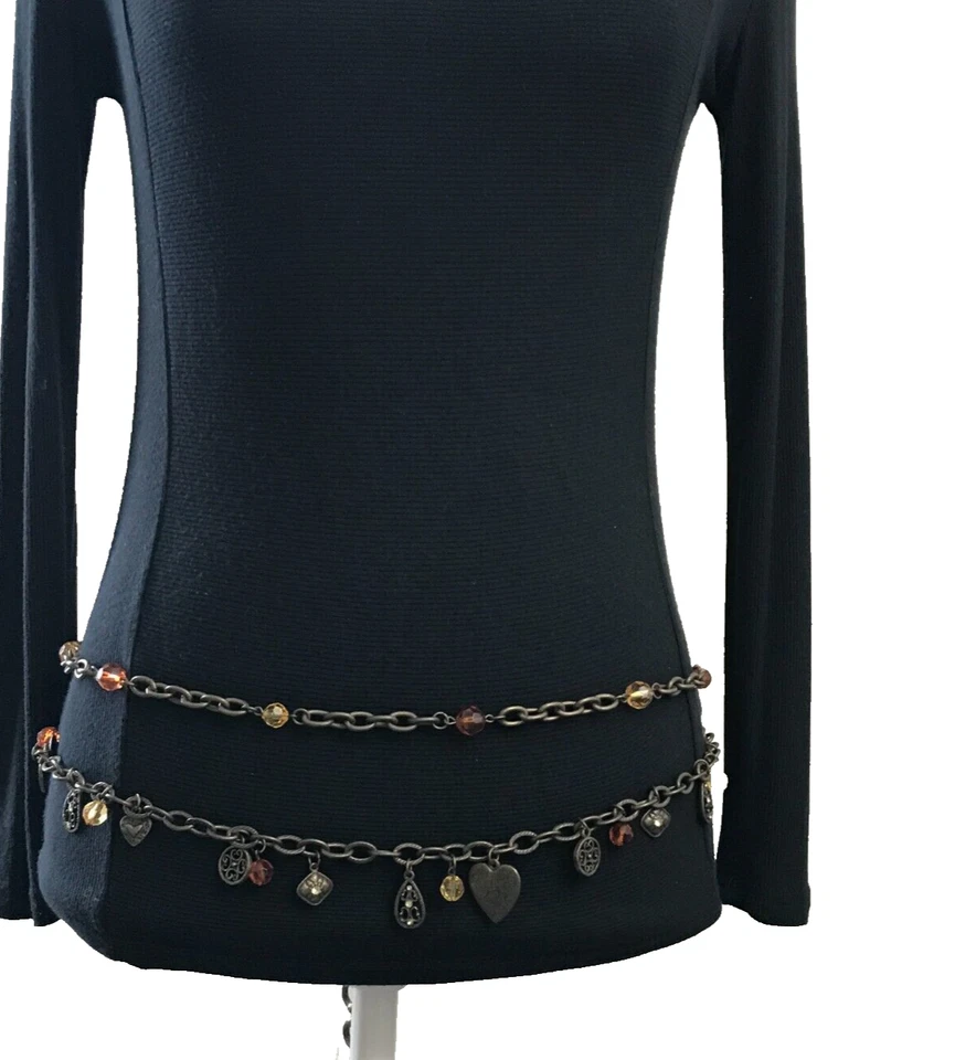 Cinturón de cadena para mujer dorado mediano-grande con cuentas corazón floral joyas dijes botín Foto 2 de 4