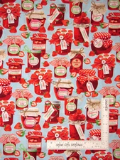 Strawberry Fields Jam Jars Strawberries Blue Cotton Fabric Benartex By The Yard