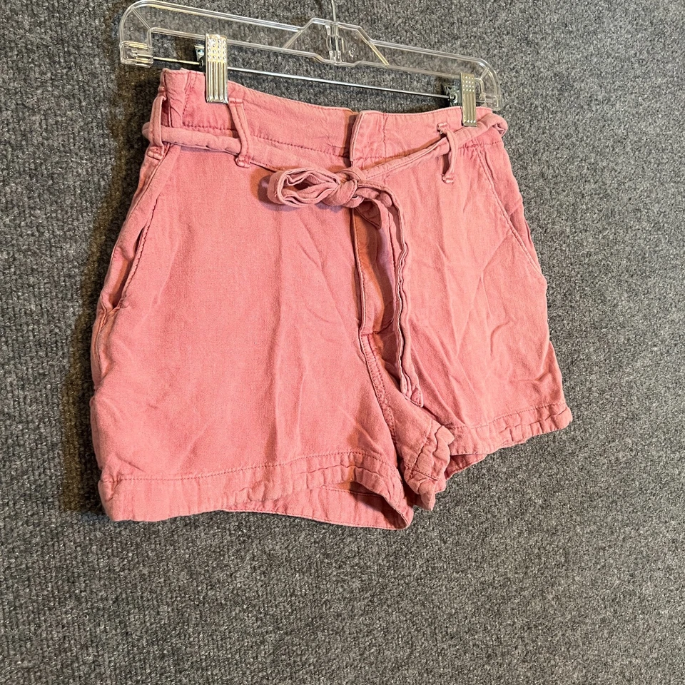 Pantalones Cortos Abercrombie & Fitch Para Mujer Pequeños Rosa Mezcla de Lino Tiro Alto Corbata Cintura Foto 3 de 4