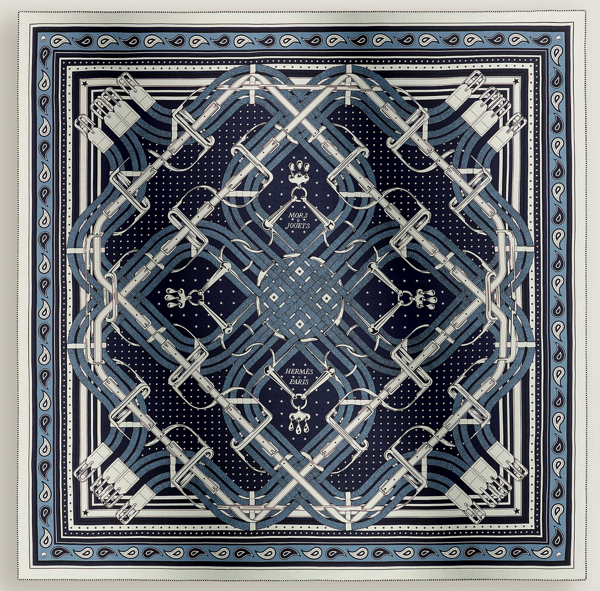 NEW in Box HERMES Bleu marine /Blanc Mors a Jouets Bandana Shawl