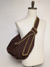 Nine West Large Brown Faux Suede Hobo Bag with Lime Green Contrast Stitching