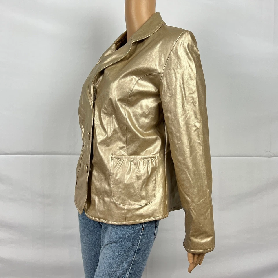 KC Collections Size LARGE Shiny Metallic Gold Faux Leather Blazer Jacket - Image 4 of 4
