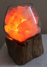 Lamp of salt SINGLE VOGANT made glass blown on natural wood rock salt