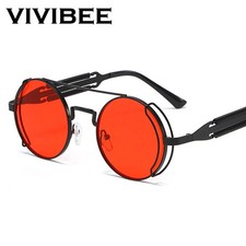VIVIBEE Steampunk Sunglasses Men Round Red Lens Punk Sun Glasses Black Metal Got