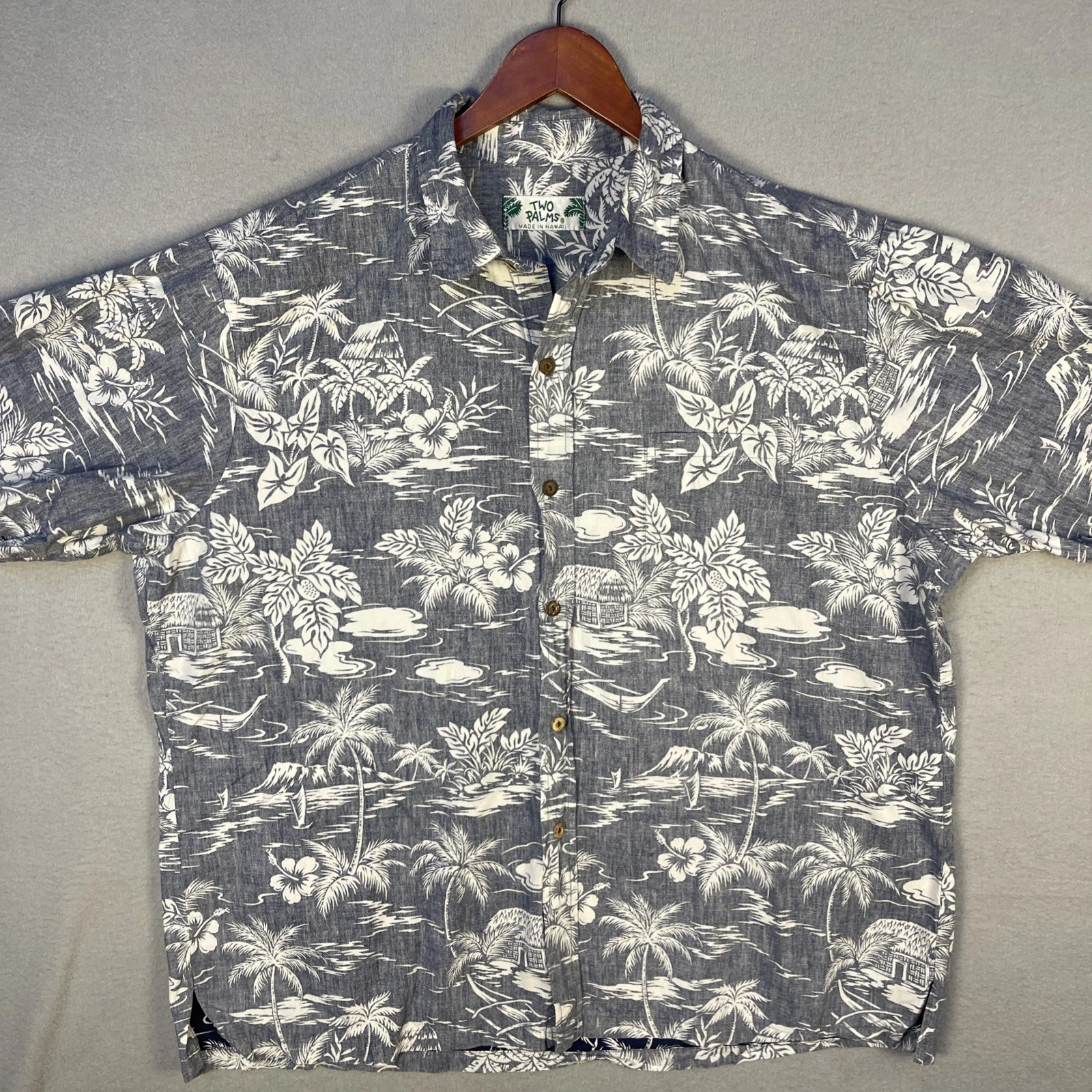 Two Palms Hawaii Aloha Shirt Mens XL Blue Hibiscus Hut Palm Rayon Made in USA
