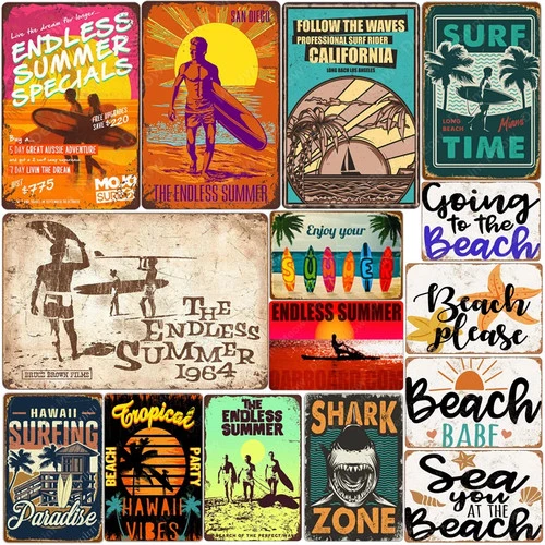 Surf Time Plaque Vintage Posters Party Tin Metal Signs Home Décor 8x12