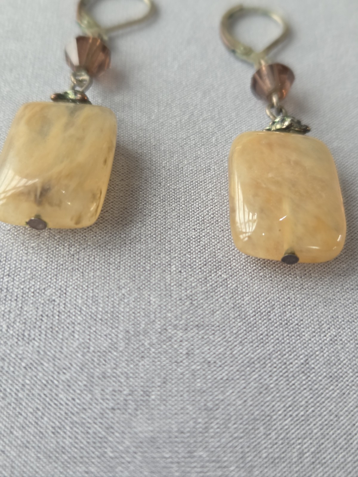 Handcrafted Dangle Earrings Beige Rectangular Sto… - image 2