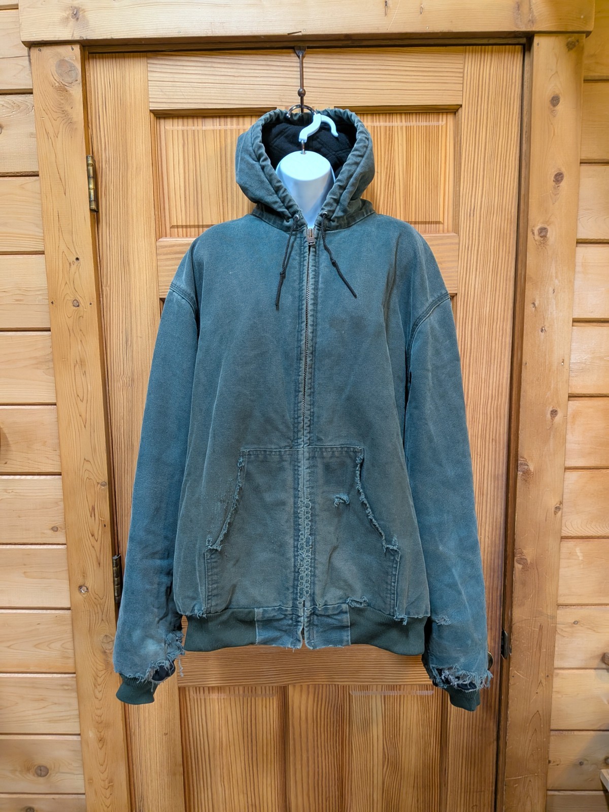 VTG Carhartt Men's 3XL Tall Moss Green Distressed USA Made Hooded Jacket Lined